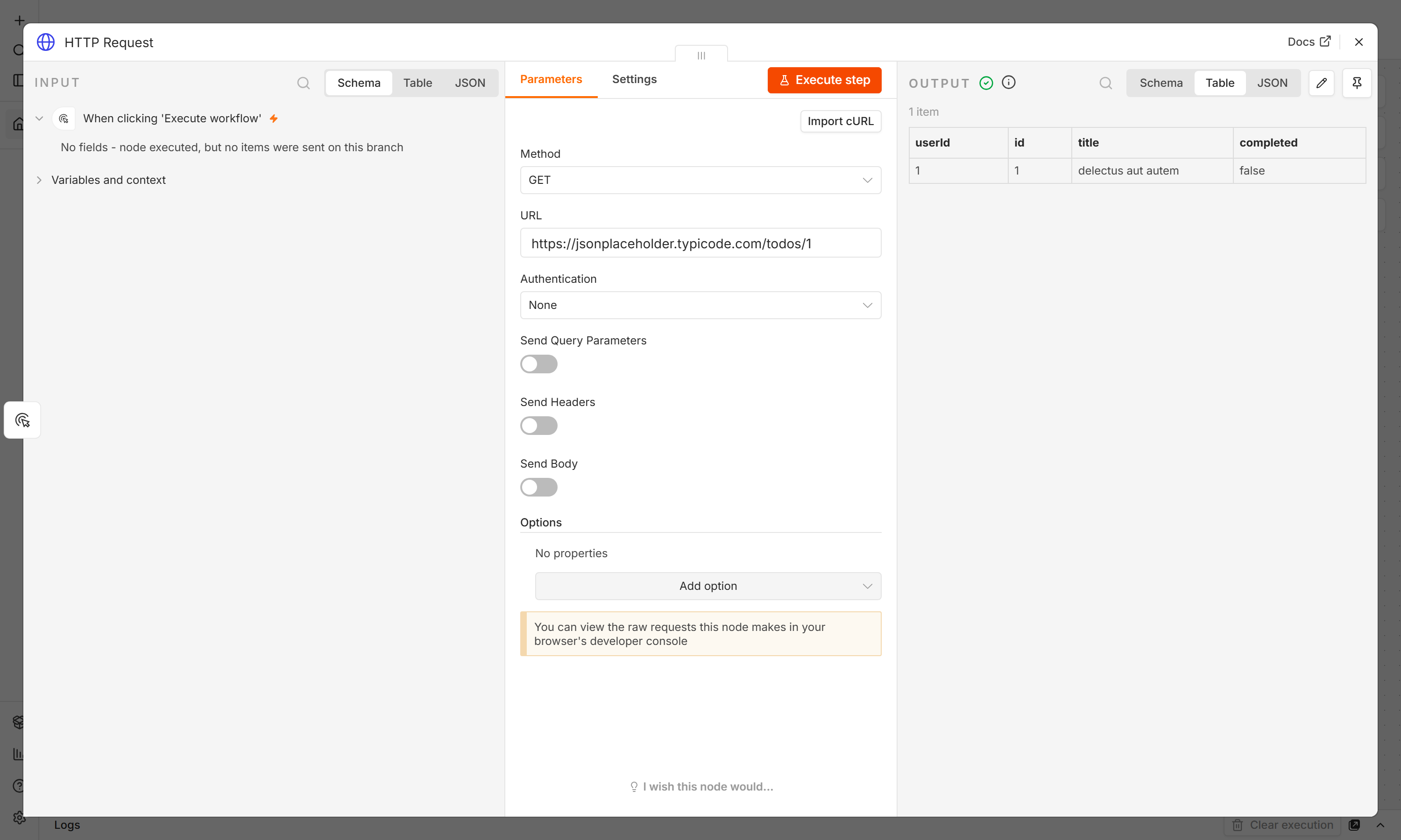 n8n HTTP Request node output showing a clean JSON response with separate named fields for userId, id, title and completed