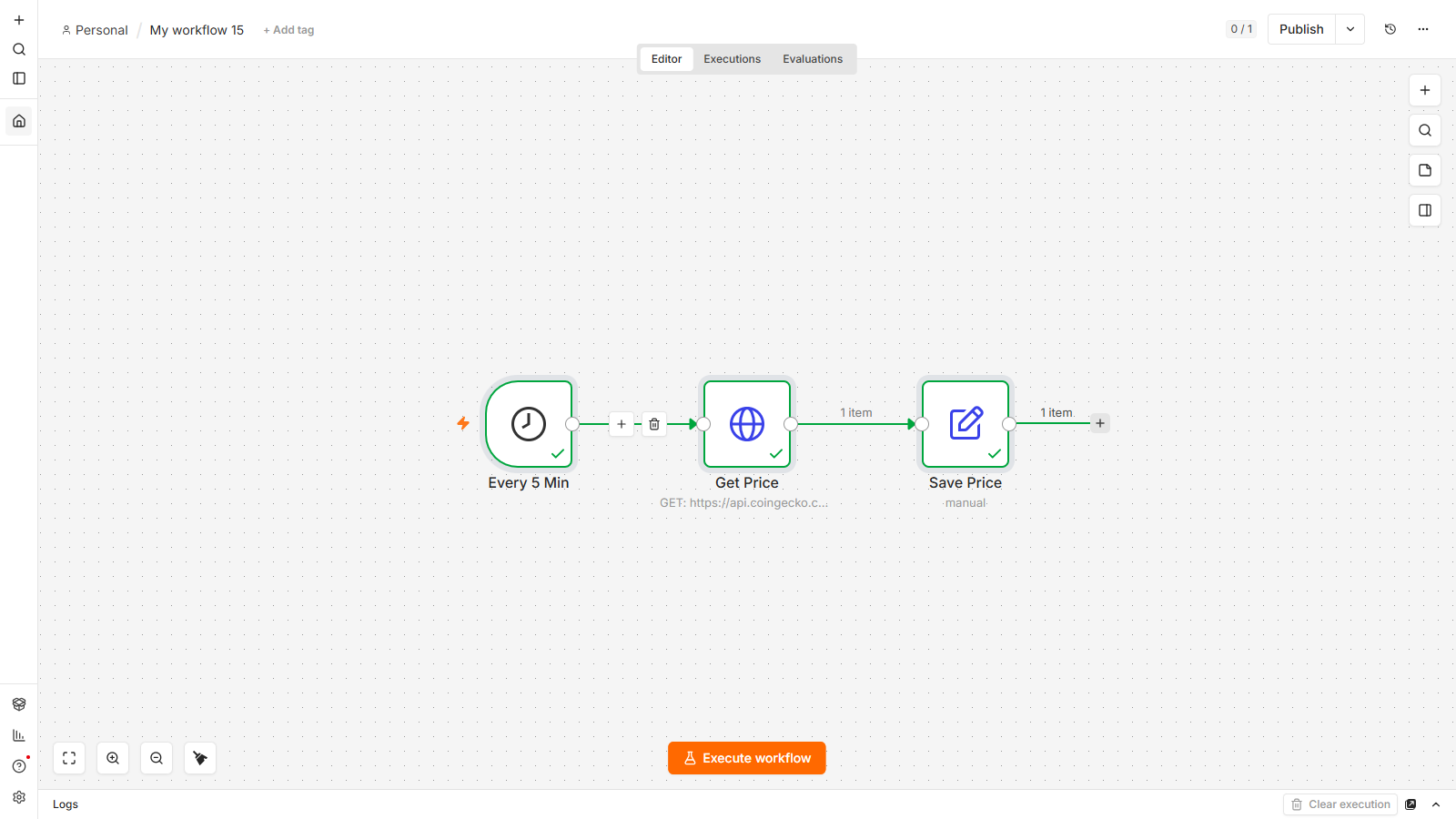 An n8n workflow starting with an 'Every 5 Min' Schedule Trigger, feeding an HTTP request and a Set node