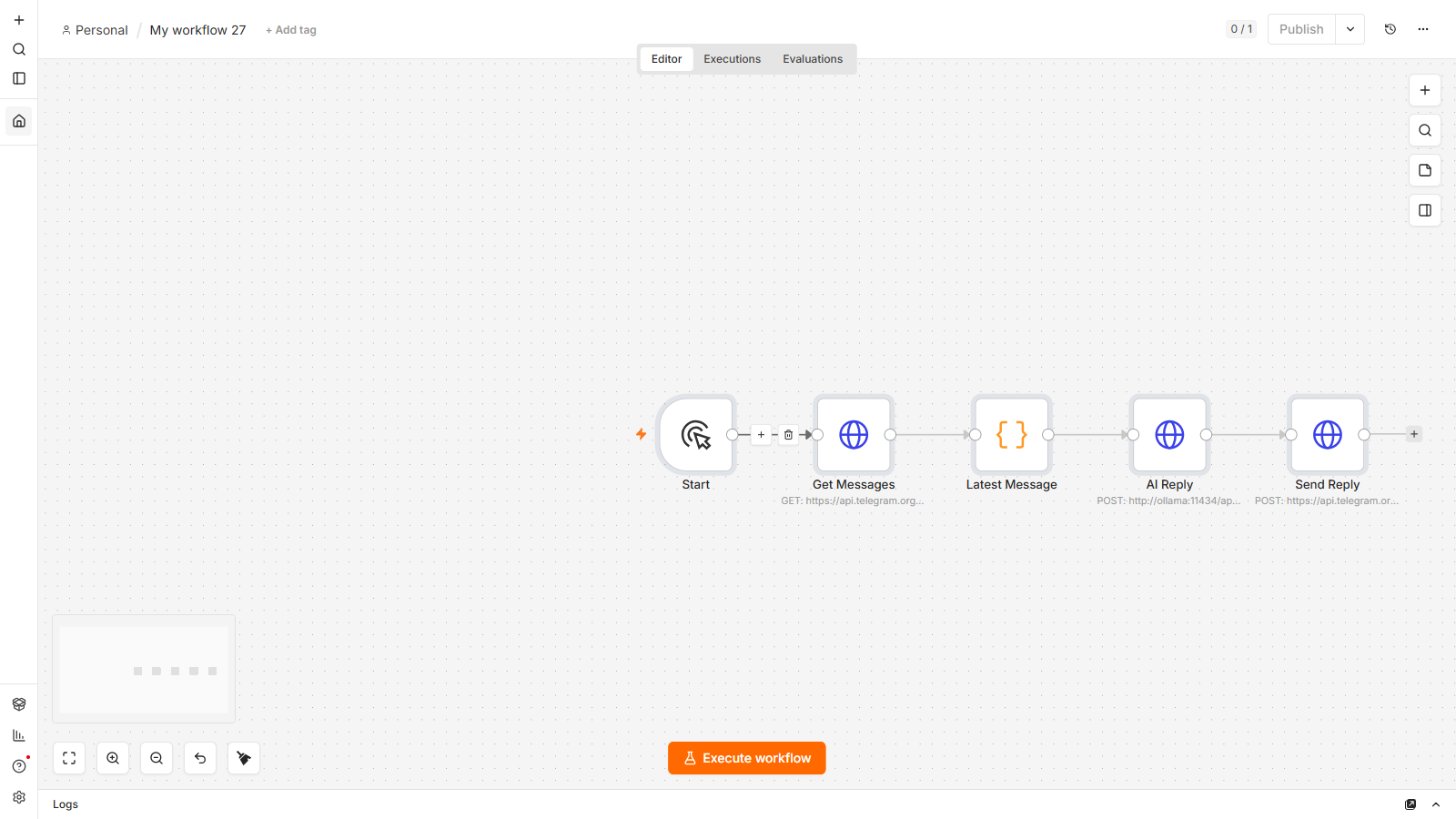 A five-node n8n workflow: Start, Get Messages, Latest Message, AI Reply, Send Reply