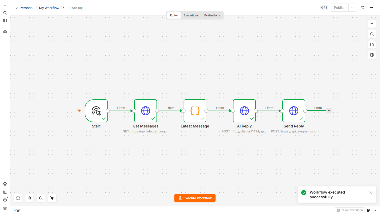 All five nodes green — "Workflow executed successfully"